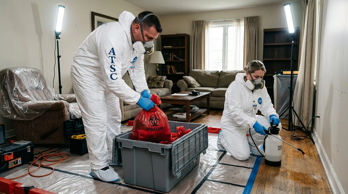 Professional Hoarding Cleanup technician in full PPE working in Clayton